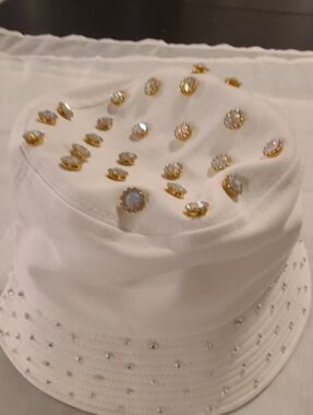 Embellished Bling White Bucket Hat with Gold Accents, Medium